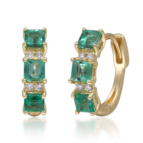 Closeup photo of 14k Yellow Gold .91ct Emerald with .06ct Diamond Hoops