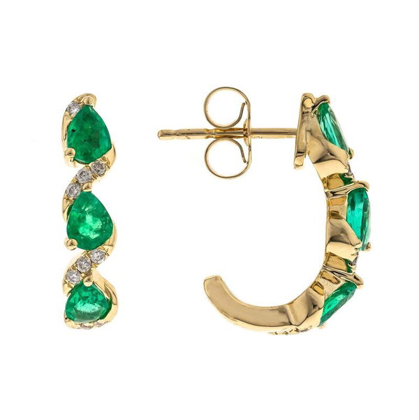 Closeup photo of 14k Yellow Gold .83ct Emerald with .07ct Diamond Hoops