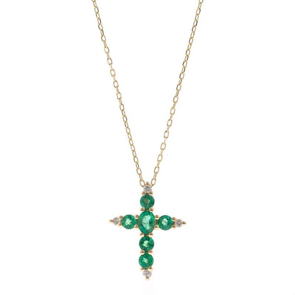 Closeup photo of 14k Yellow Gold .56ct Emerald with .06ct Diamond Cross Necklace