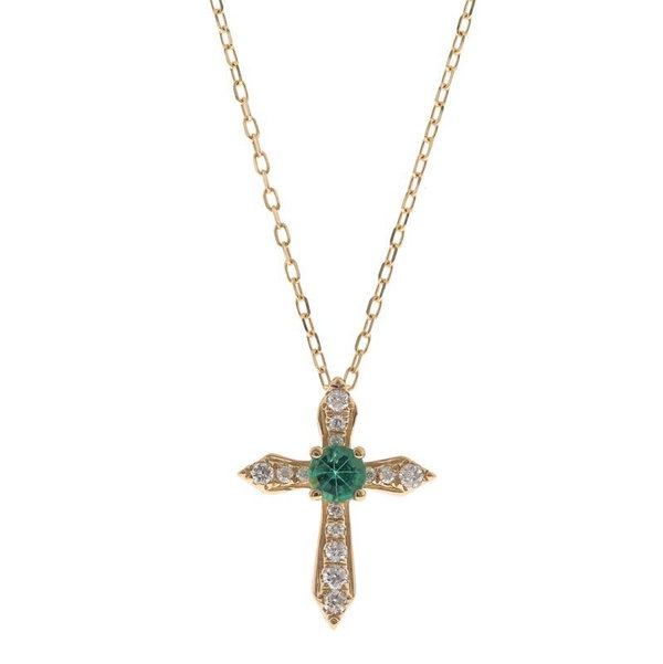 Closeup photo of 14k Yellow Gold .12ct Emerald with .11ct Diamond Cross Necklace