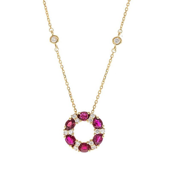 Closeup photo of 14k Yellow Gold 1.31ct Ruby with .23ct Diamond Necklace