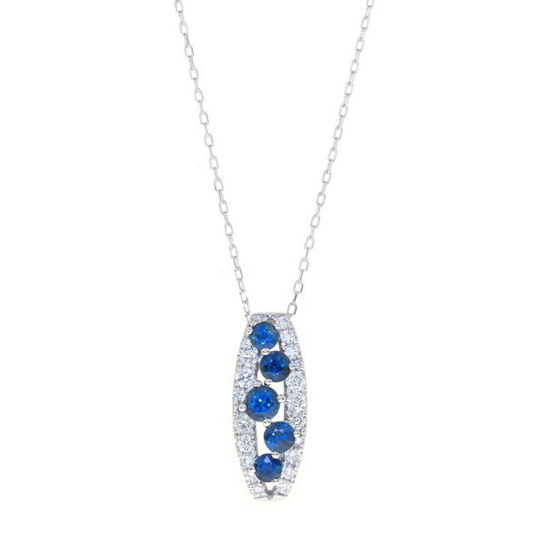 Closeup photo of 14k White Gold .63ct Sapphire with .29ct Diamond Necklace