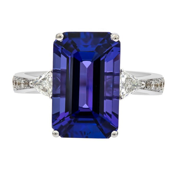 Closeup photo of 18k White Gold 5ct Tanzanite with .51ct Diamond Ring