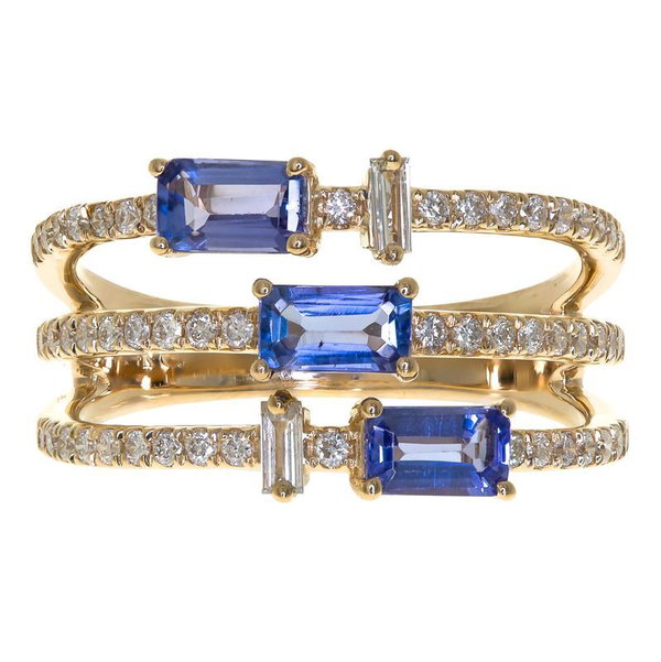 Closeup photo of 14k Yellow Gold .84ct Tanzanite with .43ct Diamond Ring