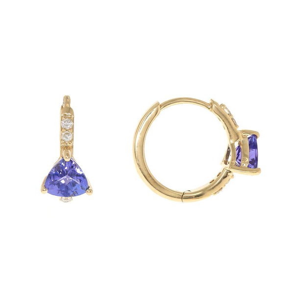 Closeup photo of 14k Yellow Gold .90ct Tanzanite with .09ct Diamond Hoops