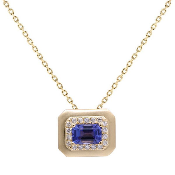 Closeup photo of 14k Yellow Gold .63ct Tanzanite with .11ct Diamond Necklace