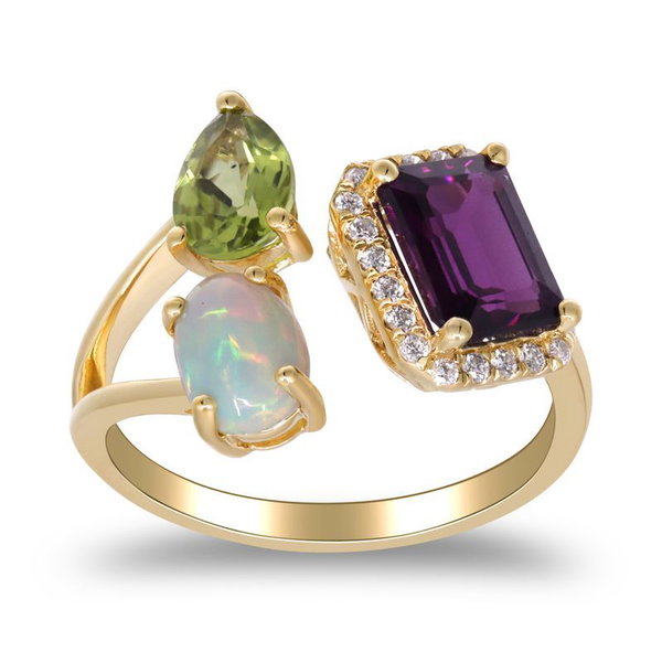 Closeup photo of 14k Yellow Gold 1.87ct Rhodolite Garnet, .74ct Peridot, .52ct Opal, and .22ct Diamond Ring