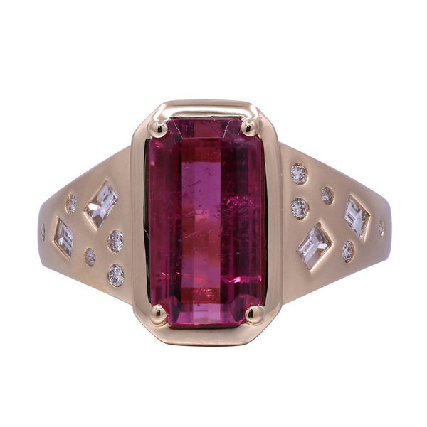 Closeup photo of 14k Yellow Gold 4.13ct Pink Tourmaline with .29ct Diamond Ring