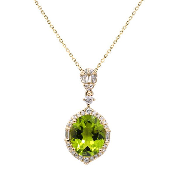 Closeup photo of 14k Yellow Gold 4.75ct Peridot and .44ct Diamond Necklace