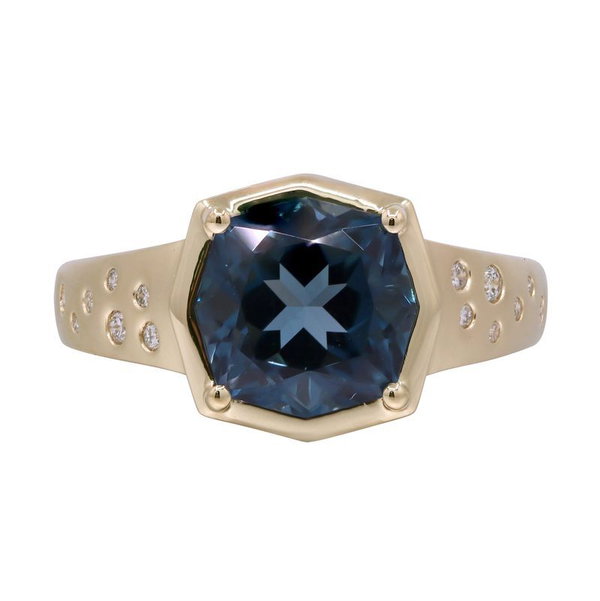 Closeup photo of 14k Yellow Gold 3.73ct London Blue Topaz with .12ct Diamond Ring