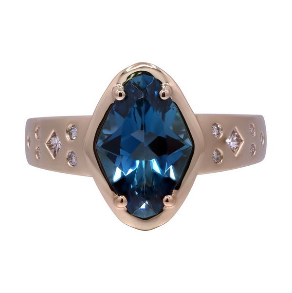 Closeup photo of 14k Yellow Gold 2.87ct London Blue Topaz with .15ct Diamond Ring