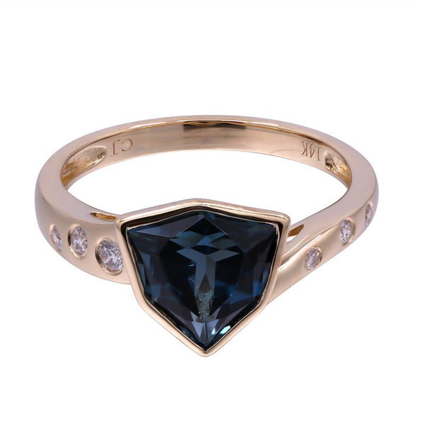 Closeup photo of 14k Yellow Gold 2.81ct London Blue Topaz and .12ct Diamond Ring