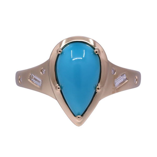 Closeup photo of 14k Yellow Gold 2.25ct Turquoise with .16ct Diamond Ring