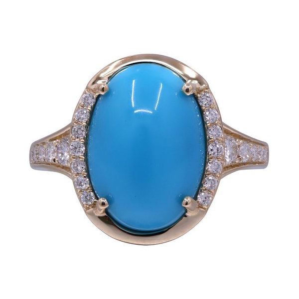Closeup photo of 14k Yellow Gold 5.17ct Turquoise with .25ct Diamond Ring