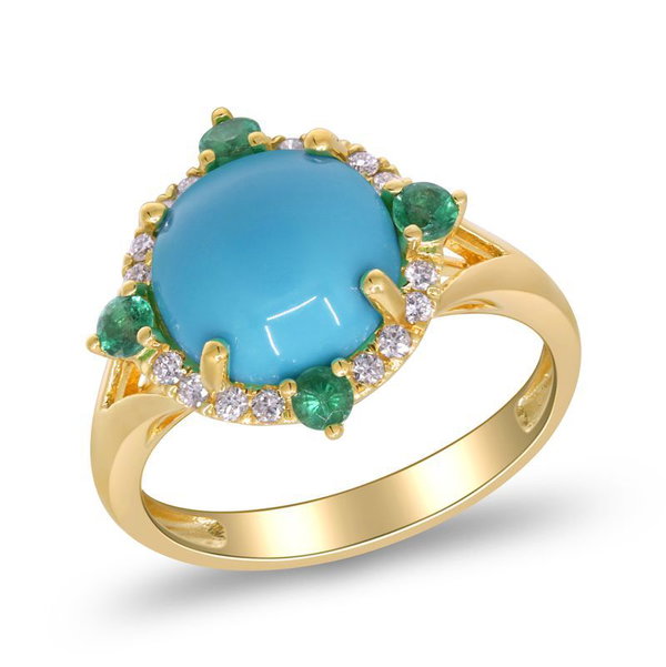 Closeup photo of 14k Yellow Gold 3.61ct Turquoise with .25ct Emerald and .15ct Diamond Ring