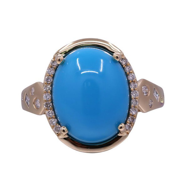 Closeup photo of 14k Yellow Gold 6.70ct Turquoise with .25ct Diamond Ring