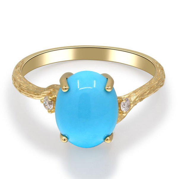 Closeup photo of 14k Yellow Gold 2.34ct Turquoise with .06ct Diamond Ring