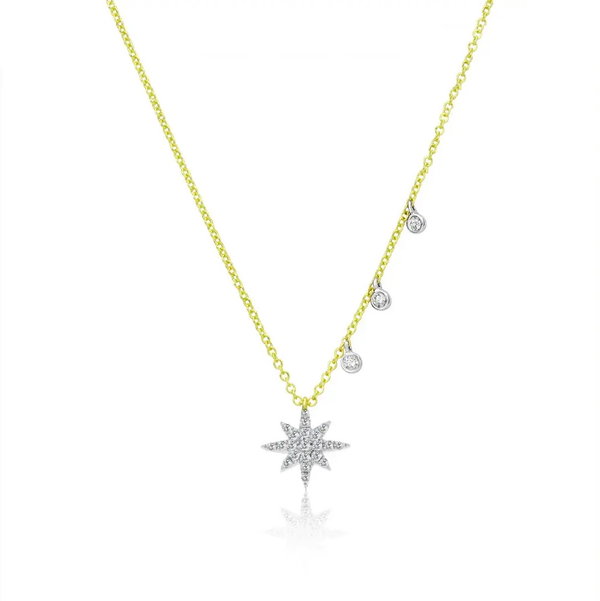 Closeup photo of 14K Yellow and White Gold Diamond .10ct Star with 3 Side Drops Adj. Necklace