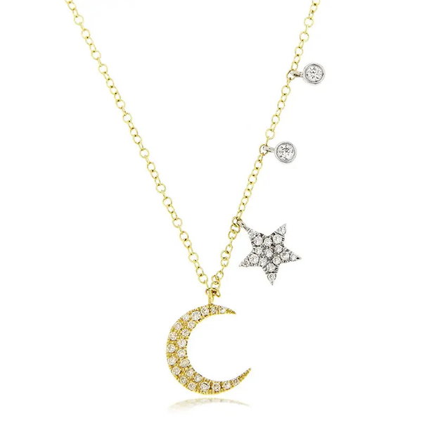 Closeup photo of 14K Yellow and White Gold Diamond .17ct Crescent Moon, Star and Diamond Drop Adj. necklace