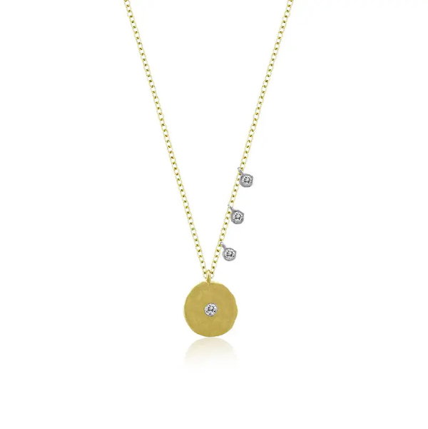 Closeup photo of 14K Yellow and White Gold Diamond .06ct Diamond Disc with 3 Side Drops Adj Necklace