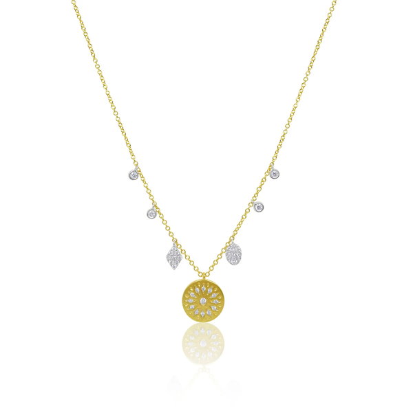 Closeup photo of 14K Yellow and White Gold Diamond .27ct Rosette with 6 Drops Adj Necklace