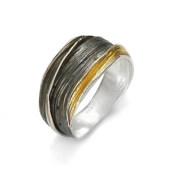 Tricolor Organic Flow Sterling Silver with Oxidation and Gold Ring