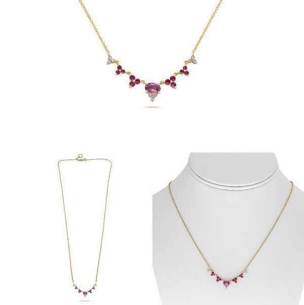 Closeup photo of 14k Yellow Gold .12ct Diamond and .99ct Pink Sapphire