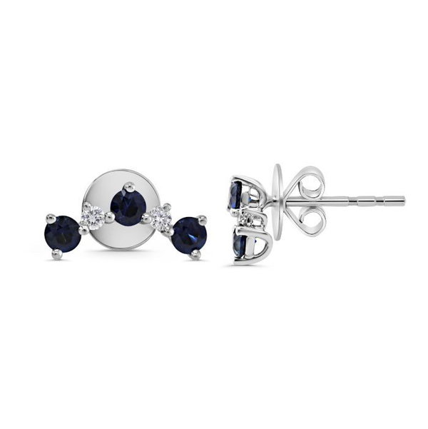 Closeup photo of 14k White Gold .09ct Diamond and .57ct Sapphire Studs