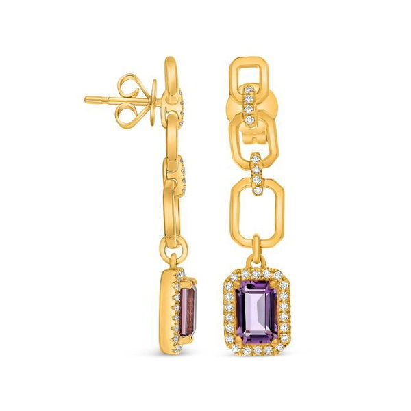 Closeup photo of 14k Yellow Gold .15ct Diamond and 1.03ct Amethyst Earrings