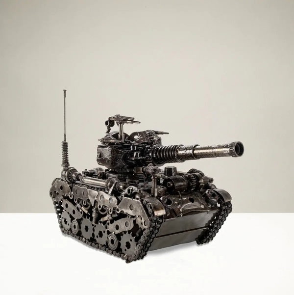 Closeup photo of Tank Recycled Metal Art Sculpture