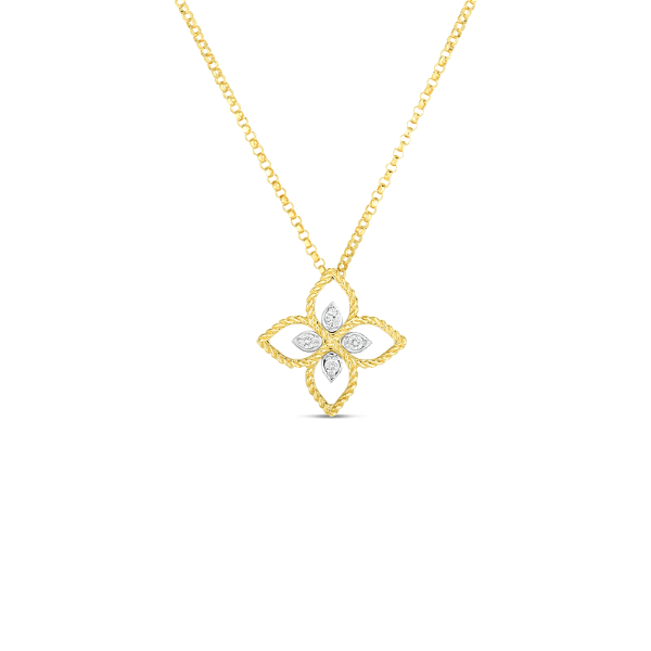 Closeup photo of Princess Flower Principessa Small Flower Pendant Necklace 18K Gold with Diamonds