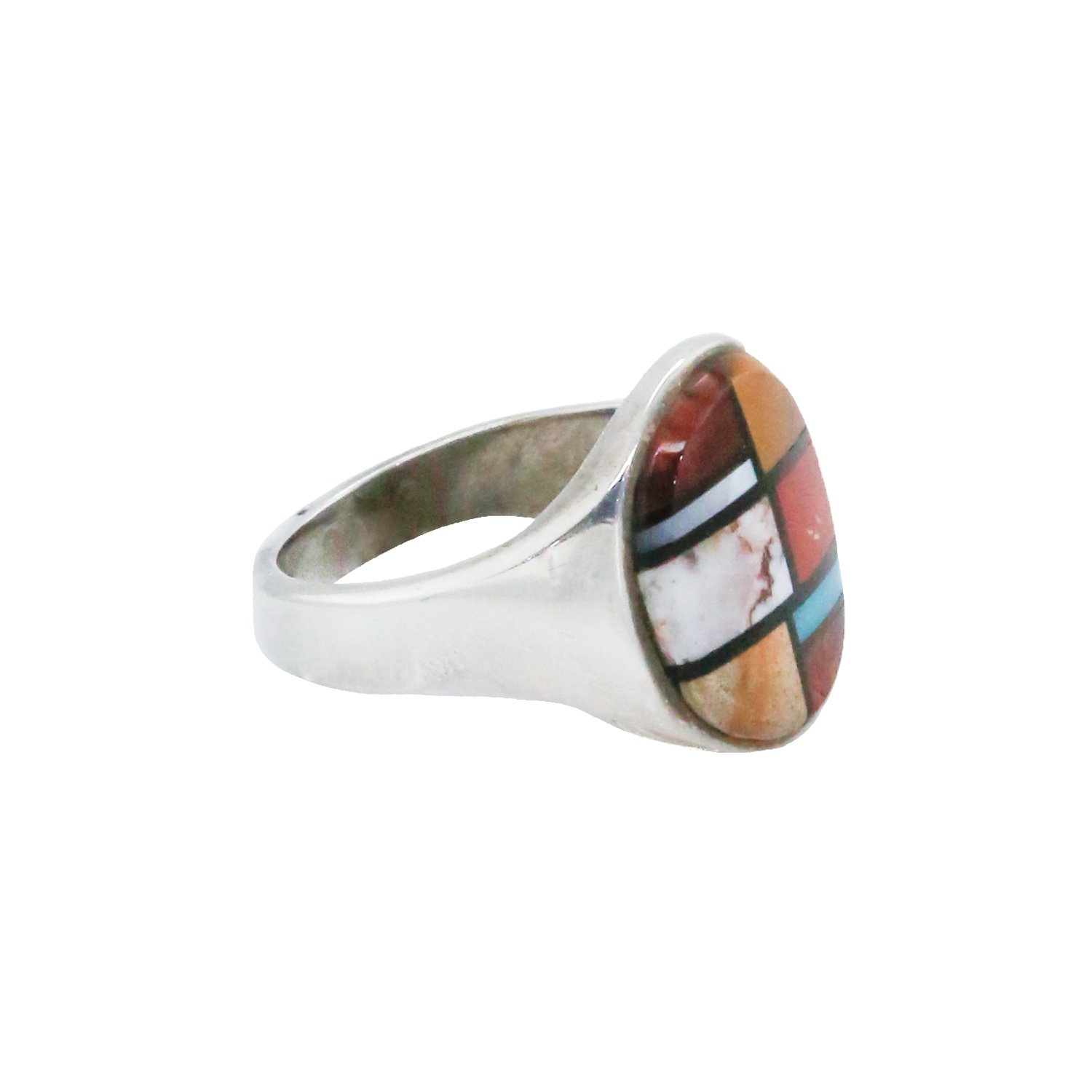 Sterling Silver Mens Multi Stone Inlay Ring
