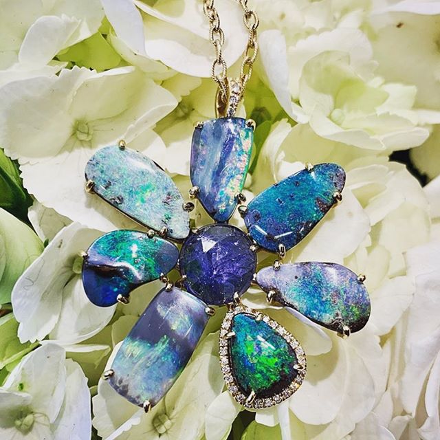 Abstract Boulder Opal Tanzanite Gema Flower Pendant