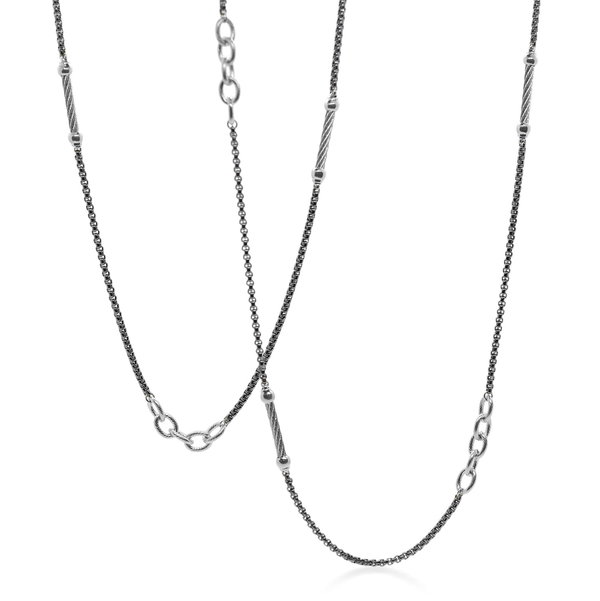 Closeup photo of Noir Chain Reaction Black Steel Ball and Open Link Necklace