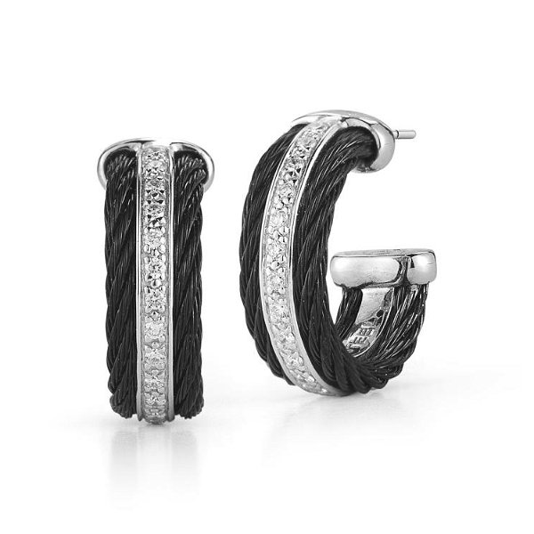 Closeup photo of Black Cable Huggie Earring with Diamonds