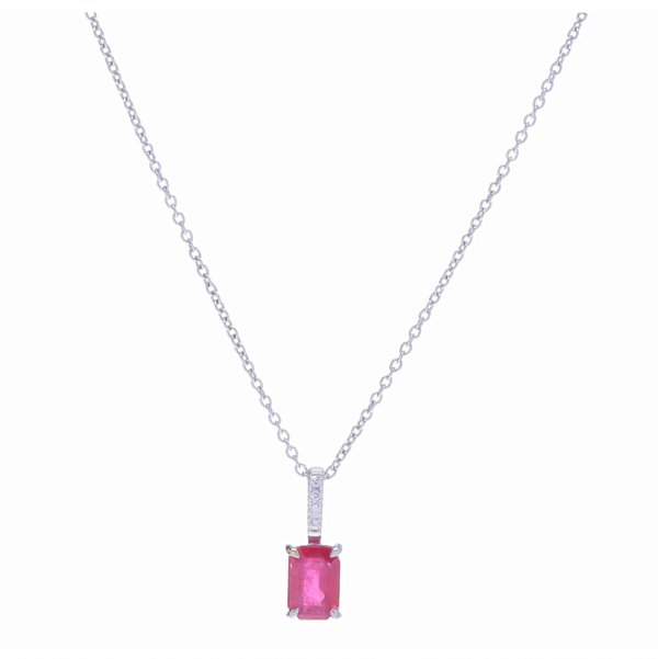 Closeup photo of Emerald Cut Ruby Pendant Necklace