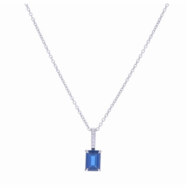 Closeup photo of Emerald Cut Blue Sapphire Pendant Necklace