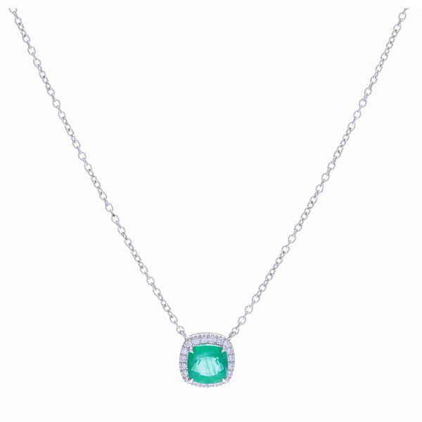 Closeup photo of Halo Set Cushion Zambian Emerald Pendant Necklace