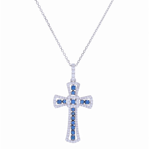 Closeup photo of 14k White Gold Sapphire and Diamond Cross Necklace