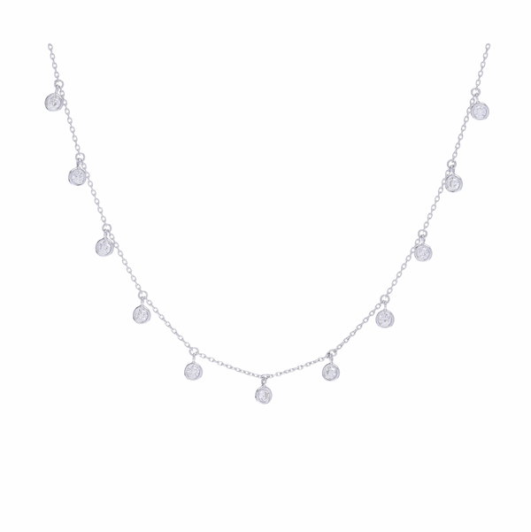 Closeup photo of 14k White Gold 11 Stone Bezel Set Diamond Fringe Necklace