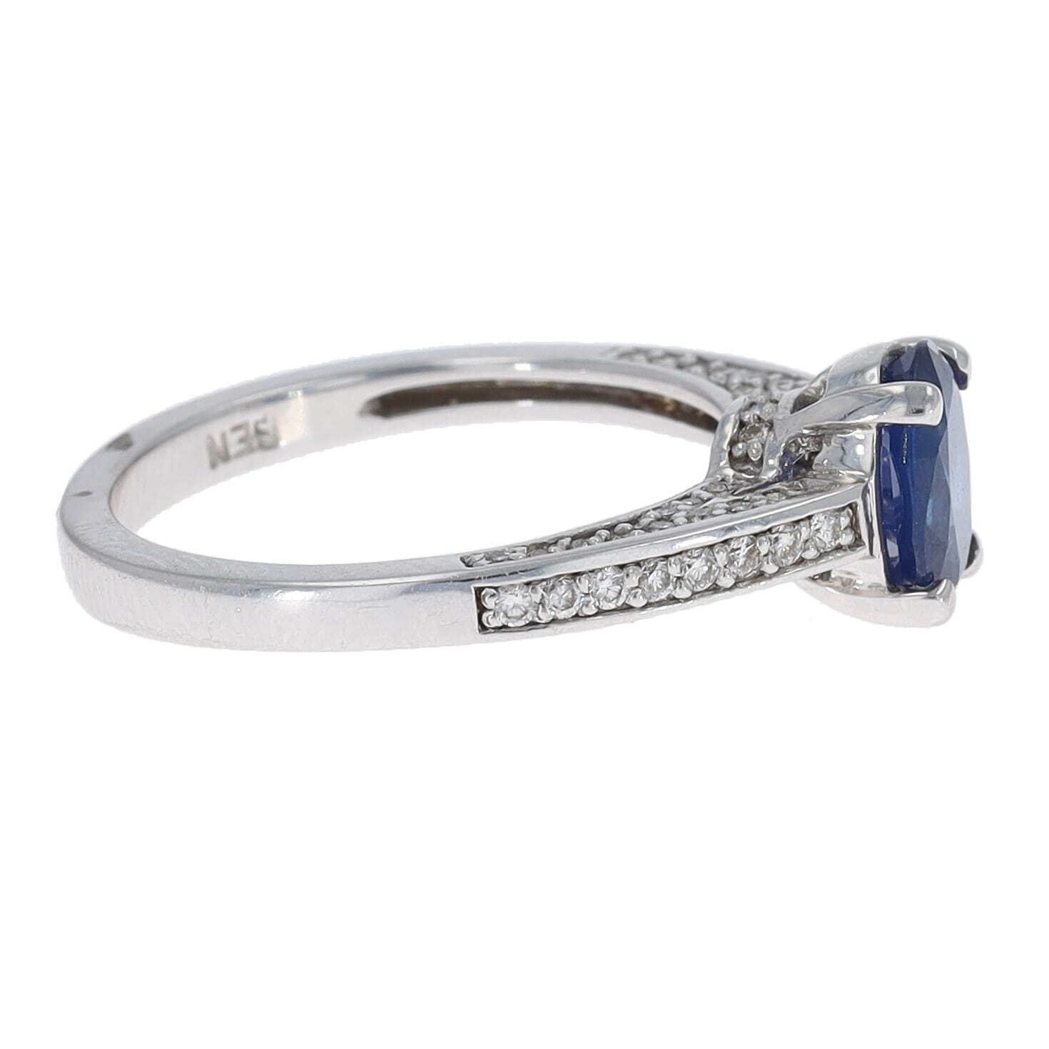 Oval Blue Sapphire Solitaire Ring with pave diamond shank
