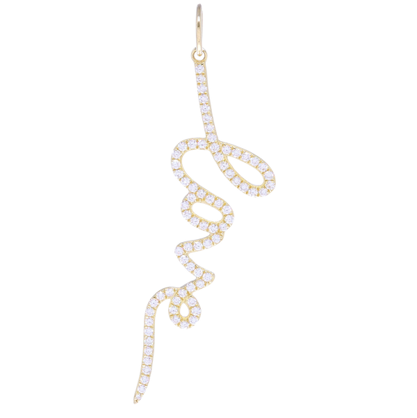 Closeup photo of Gold Cursive Love Pendant Written in Diamonds