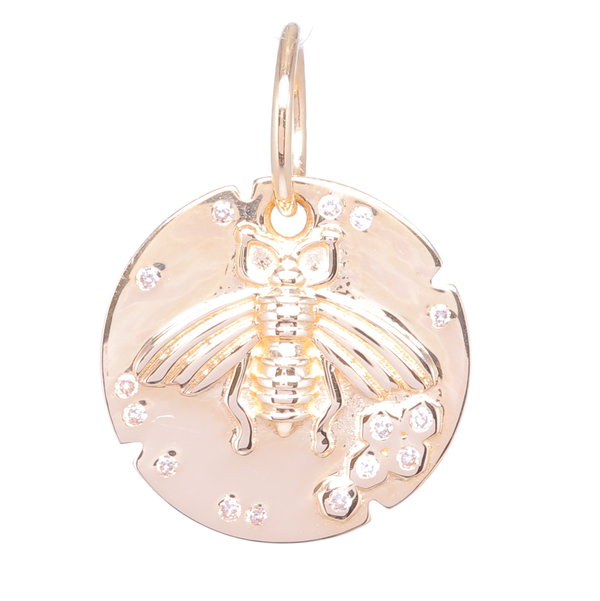 Closeup photo of 14k Yellow Gold Small Bee Medallion Pendant with Diamonds