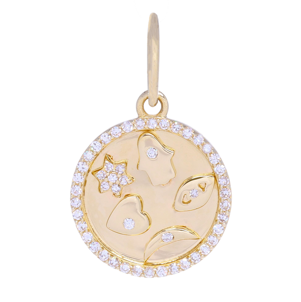 Closeup photo of Small Gold and Diamond 5 Symbol Medallion Pendant