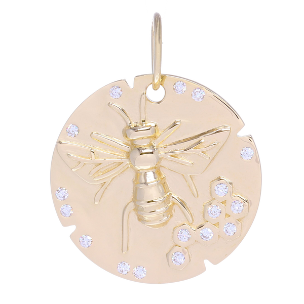 Closeup photo of Large Gold Bee Medallion Pendant with Diamonds