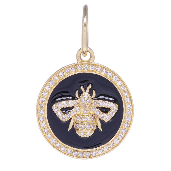 Closeup photo of Small 14k Gold and Diamond and Enamel Bee Medallion