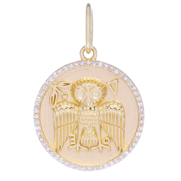 Closeup photo of Gold Owl Medallion Pendant with Diamonds