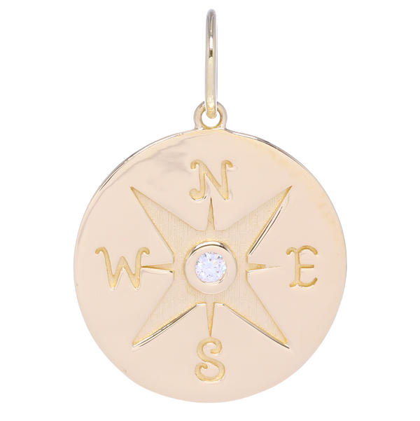 Closeup photo of Gold Compass Medallion Pendant with Diamonds