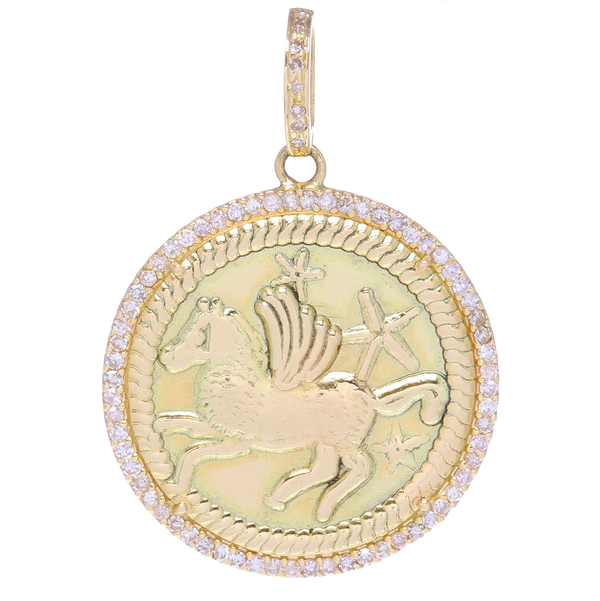 Closeup photo of Gold Pegasus & Stars Medallion Pendant with Diamonds