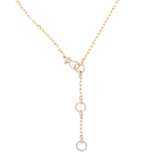 Closeup photo of 14k Yellow Gold Lariat Diamond Necklace with 3 Openable Rings
